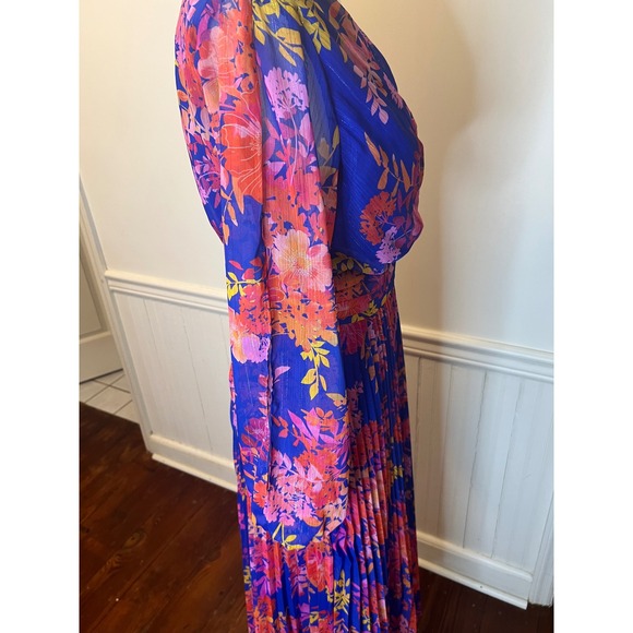 Sienna Blue Floral Pleated Maxi Dress Long Sleeve V-Neck Shimmer NWT chiffon 6 - Picture 10 of 12